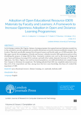 Adoption of Open Educational Resource (OER) Materials by Faculty and Learners: A Framework to Increase Openness Adoption in Open and Distance Learning Programmes