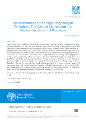 An Assessment of Teenage Pregnancy in Zimbabwe. The Case of Manicaland and Mashonaland Central Provinces