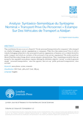 Analyse  Syntaxico-Semantique Du Syntagme Nominal Transport Prive Du Personnel Estampe Sur Des Vehicules De Transport Aabidjan