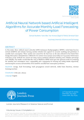 Artificial Neural Network based Artificial Intelligent Algorithms for Accurate Monthly Load Forecasting of Power Consumption