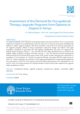 Assessment of the Demand for Occupational Therapy Upgrade Programs from Diploma to Degree in Kenya