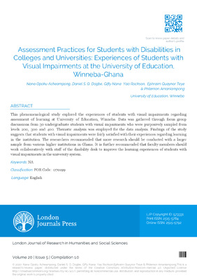 Assessment Practices for Students with Disabilities in Colleges and Universities: Experiences of Students with Visual Impairments at the University of Education, Winneba-Ghana
