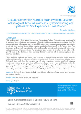 Cellular Generation Number as an Invariant Measure of Biological Time in Relativistic Systems: Biological Systems do Not Experience Time Dilation