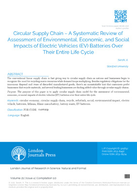 Circular Supply Chain – A Systemic Review of Assessment of Environmental, Economic, and Social Impacts of Electric Vehicles (EV) Batteries Over Their Entire Life Cycle