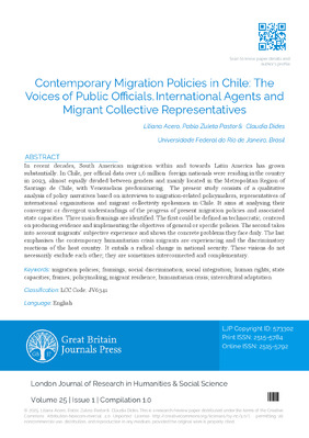 Contemporary Migration Policies in Chile: The Voices of Public Officials, International Agents and Migrant Collective Representatives