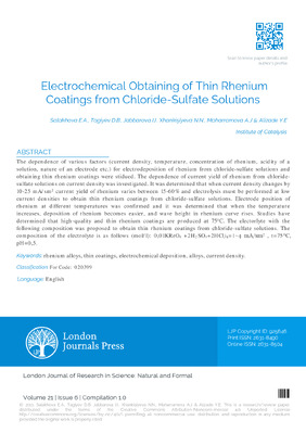 Electrochemical Obtaining of Thin Rhenium Coatings from Chloride-Sulfate Solutions