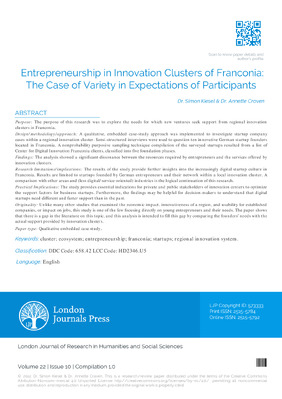 Entrepreneurship in Innovation Clusters of Franconia: The Case of Variety in Expectations of Participants