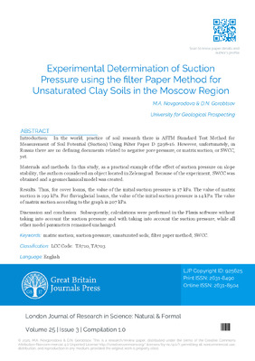 Experimental Determination of Suction Pressure using the Filter Paper Method for Unsaturated Clay Soils in the Moscow Region