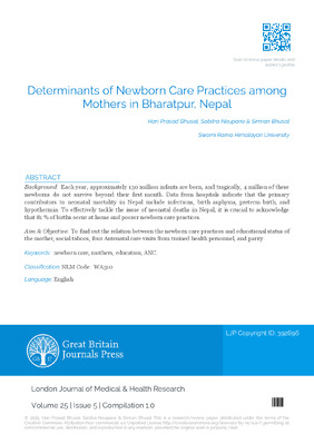Determinants of Newborn Care Practices among Mothers in Bharatpur, Nepal