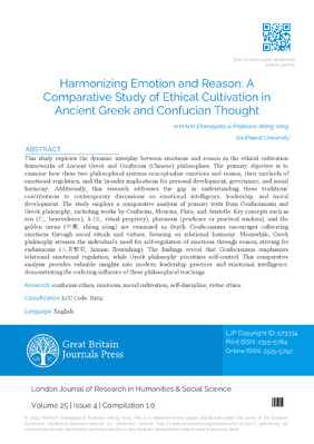 Harmonizing Emotion and Reason: A Comparative Study of Ethical Cultivation in Ancient Greek and Confucian Thought