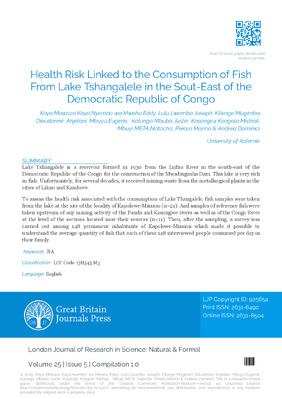 Health Risk Linked to the Consumption of Fish from Lake Tshangalele in the Sout-East of the Democratic Republic of Congo