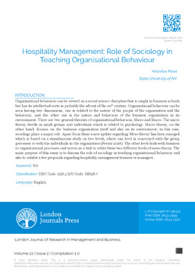 Hospitality Management: Role of Sociology in Teaching Organisational Behaviour