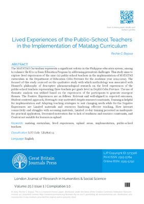 Lived Experiences of the Public-School Teachers in the Implementation of Matatag Curriculum