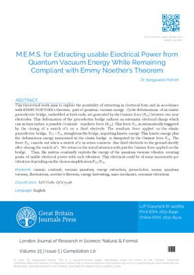 M.E.M.S. for Extracting usable Electrical Power  from Quantum Vacuum Energy While Remaining  Compliant with Emmy Noether’s Theorem.