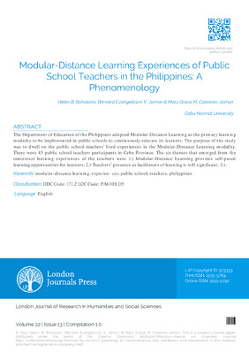 Modular-Distance Learning Experiences of Public School Teachers in the Philippines: A Phenomenology