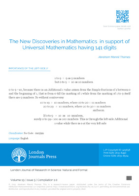 New Discoveries in Mathematics in support of Universal Mathematics having 141 digits