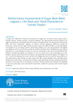Performance Assessment of Sugar Beet (Beta Vulgaris L.) for Root and Yield Characters in Humid Tropics