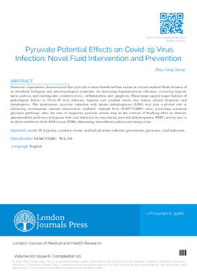 Pyruvate Potential Effects on Covid-19 Virus Infection: Novel Fluid Intervention and Prevention