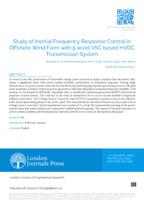 Study of Inertial Frequency Response Control in Offshore Wind Farm with 5-Level VSC based HVDC Transmission System