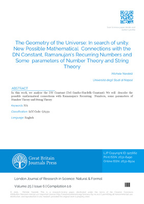 The Geometry of the Universe: in Search of Unity. New Possible Mathematical  Connections with the DN Constant, Ramanujan’s Recurring Numbers and Some Parameters of Number Theory and String Theory