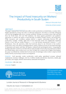 The Impact of Food Insecurity on Workers’ Productivity in South Sudan
