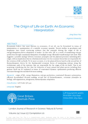 The Origin of Life on Earth: An Economic Interpretation
