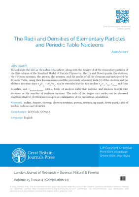 The Radii and Densities of Elementary Particles and Periodic Table Nucleons
