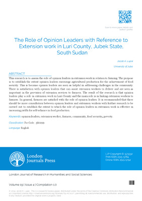 The Role of Opinion Leaders with Reference to Extension work in Luri County, Jubek State, South Sudan