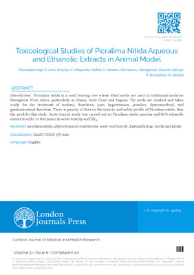 Toxicological Studies of Picralima Nitida Aqueous and Ethanolic Extracts in Animal Model