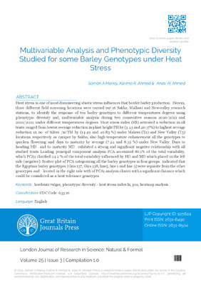 Multivariable Analysis and Phenotypic Diversity Studied for Some Barley Genotypes under Heat Stress